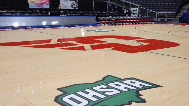 The court at The University of Dayton Arena is ready for the OHSAA state tournament.